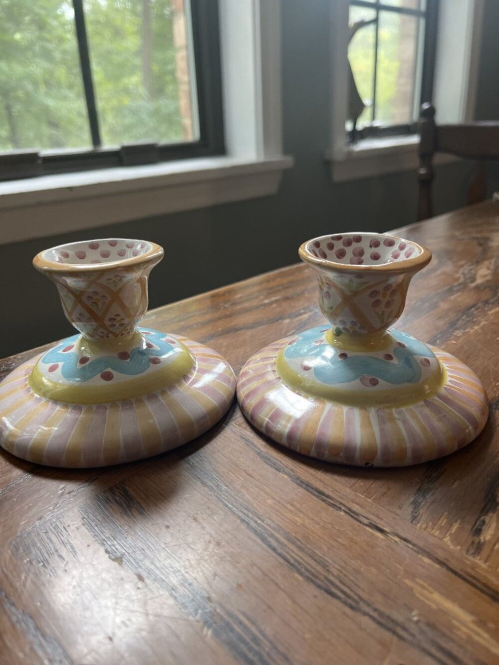 Makenzie Childs Handpainted Ceramic Candle Holders Pair 1997 "Summer Frock" Patt